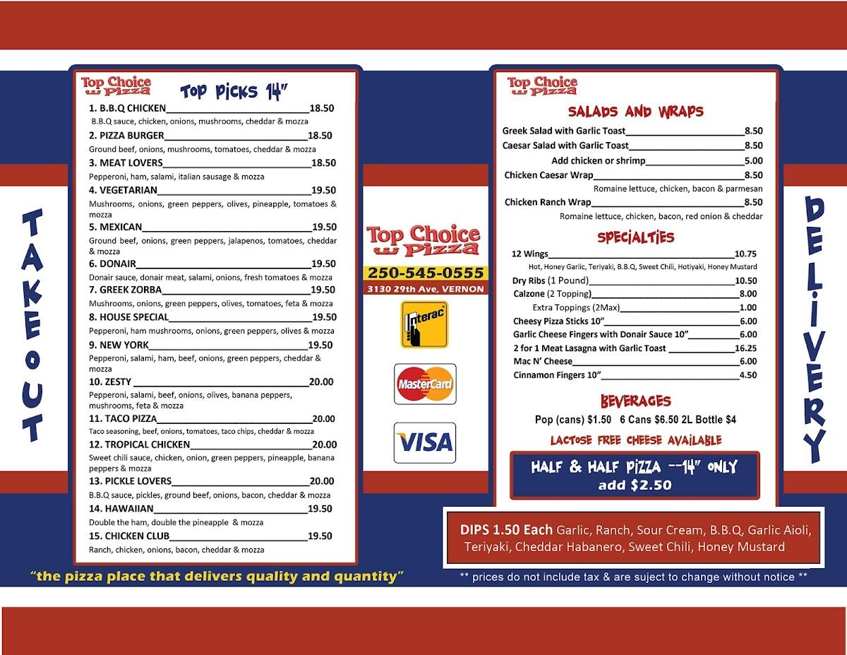 Menu at Top Choice Pizza pizzeria, Vernon