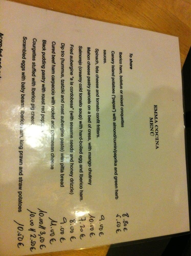 Menu at Emma Cocina restaurant, Madrid