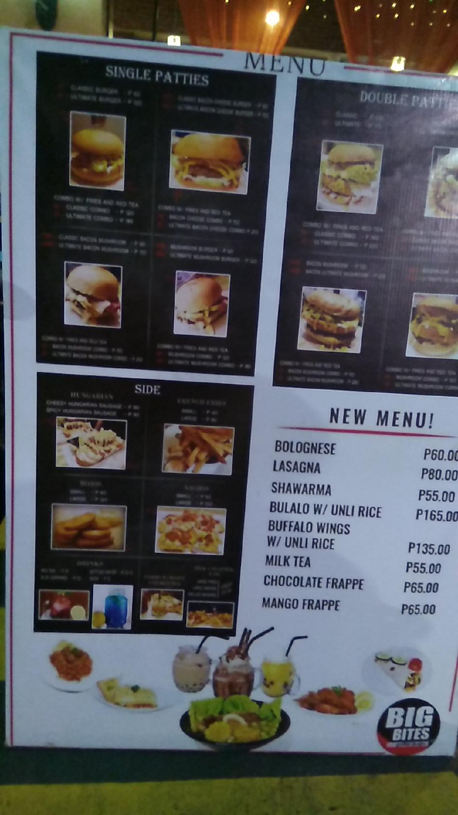 Menu at Big Bites restaurant, Legazpi City