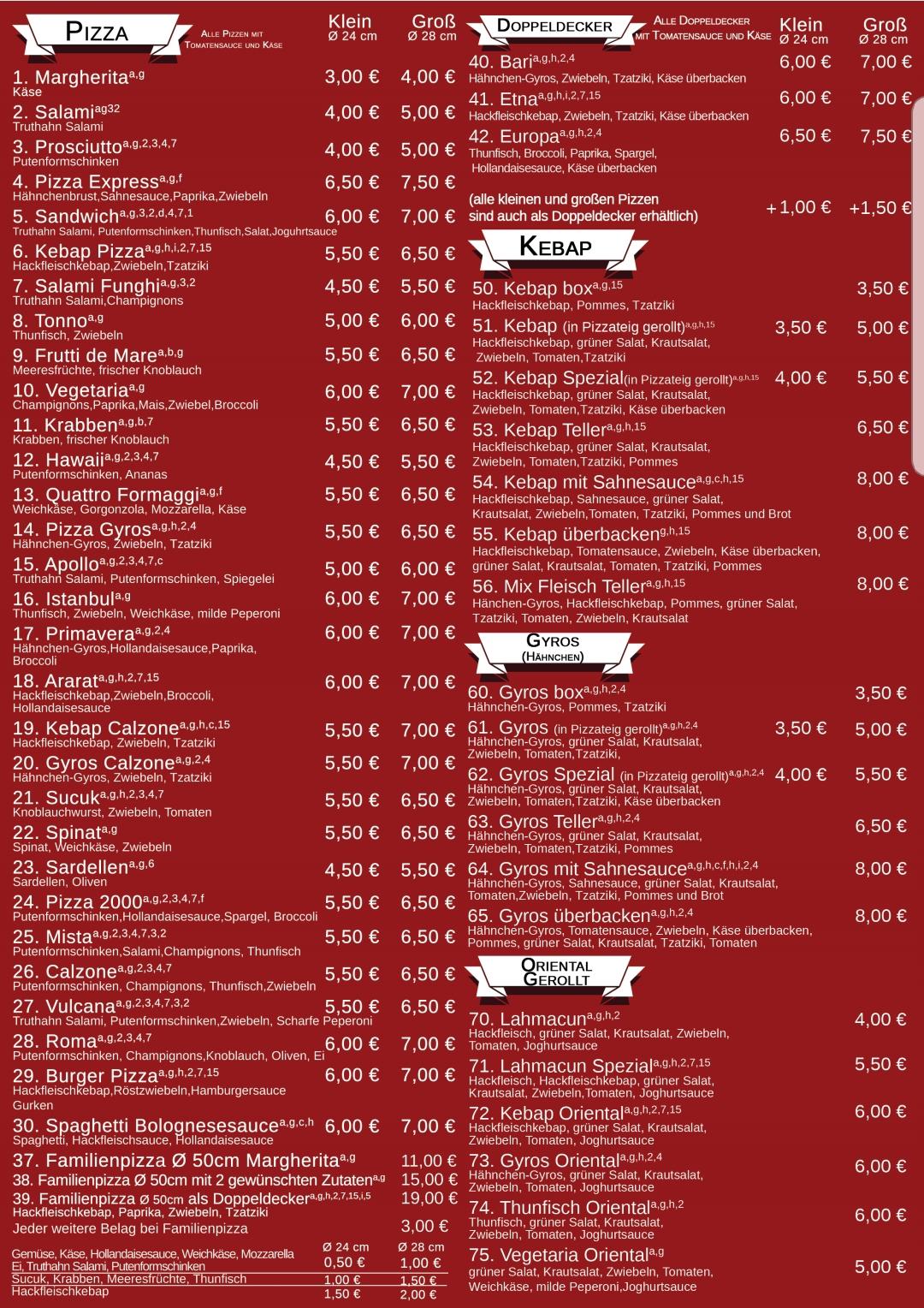 Speisekarte von Pizza Express, Schüttorf