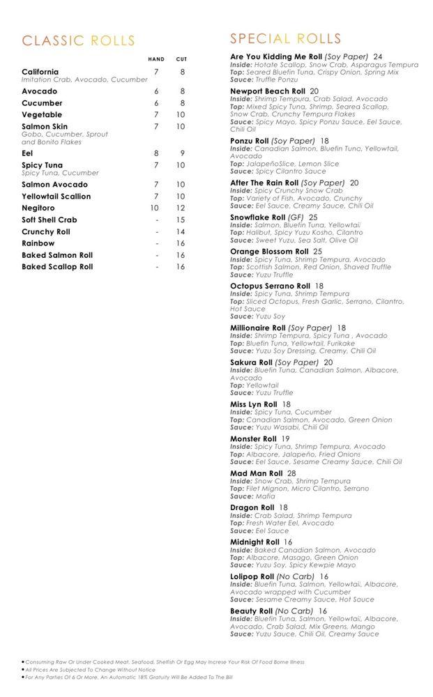 Menu at Yuzu Japanese Sushi Bar, Costa Mesa
