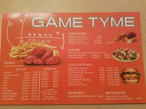 game tyme menu