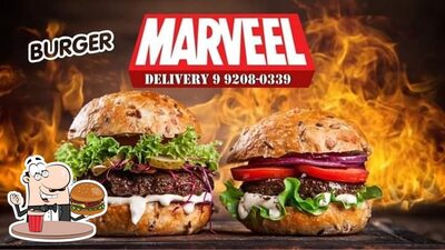 Experimente um dos hambúrgueres disponíveis no Marvel Burger delivery