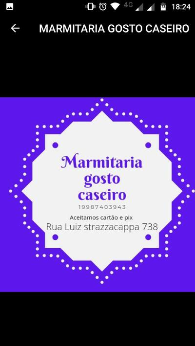 A publicidade apresenta informações sobre o Marmitaria Gosto Caseiro