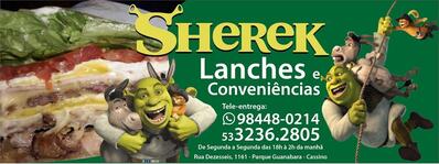 A publicidade apresenta informações sobre o Sherek Lanches