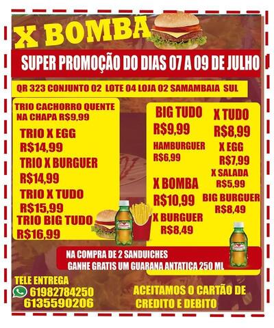 A publicidade mostra informações sobre o XBOMBA HAMBURGUERIA SAMAMBAIA SUL 323 -