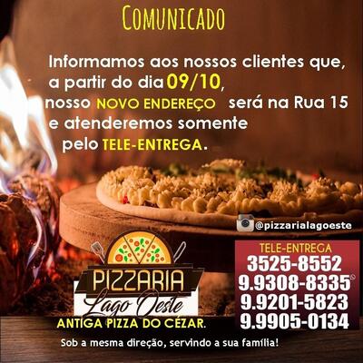 A publicidade apresenta informações sobre o Pizzaria Lago Oeste
