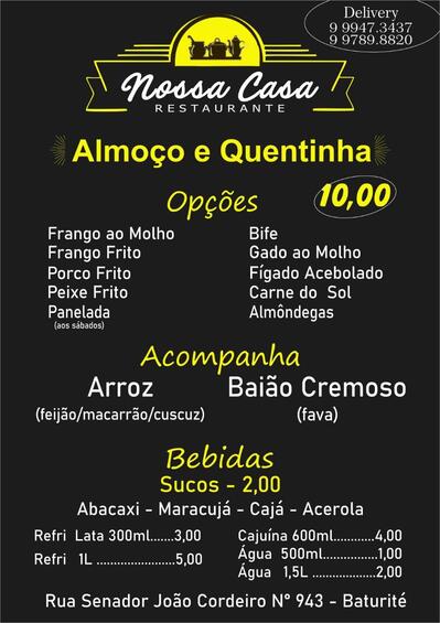 A publicidade apresenta informações sobre o Nossa Casa Restaurante