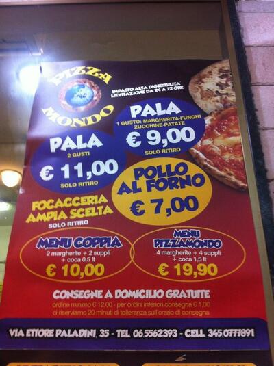 La pubblicità mostra le informazioni su Pizza Mondo