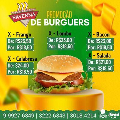 A publicidade mostra informações sobre o Super Burger e Pizzas Ravenna. Lages SC