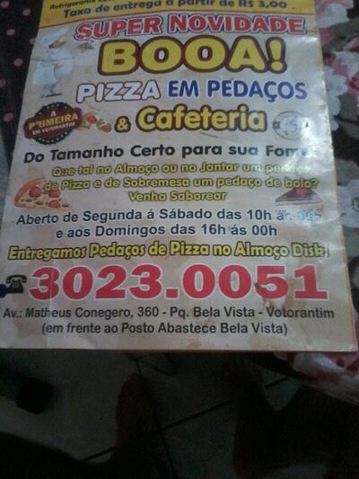A publicidade mostra informações sobre o Booa Pizza