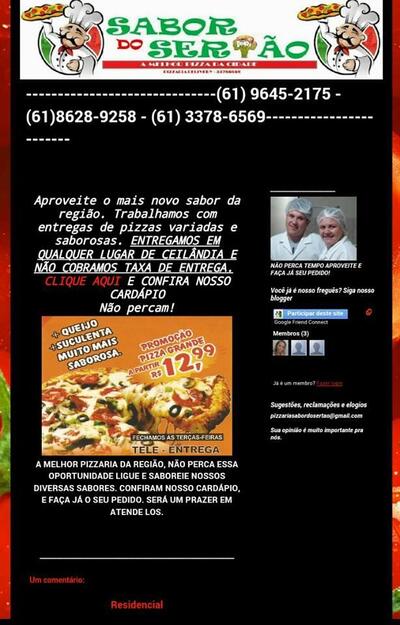 A publicidade apresenta informações sobre o Pizzaria Sabor do Sertão