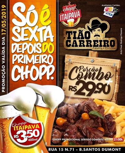 A publicidade apresenta informações sobre o Tião Carreiro Espetos e Porcões