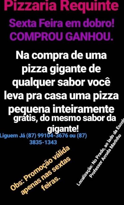 A publicidade apresenta informações sobre o Pizzaria Requinte