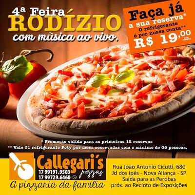 A publicidade apresenta informações sobre o Callegaris Pizzas