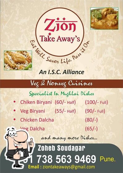 The advertisement displays information about ZION Take Away's