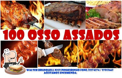 O 100 OSSO Assados oferece sanduíches e outras comidas de almoço