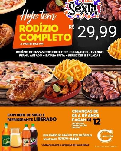 A publicidade mostra informações sobre o Carminha Pizza e Restaurante Nilópolis RJ