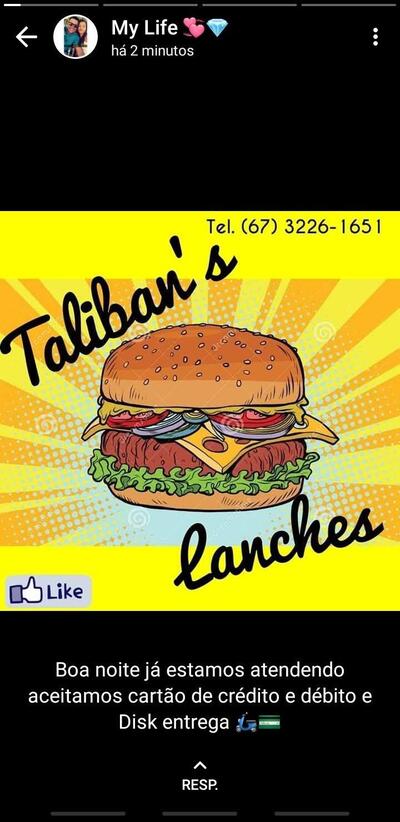 A publicidade mostra informações sobre o Taliban Lanche's