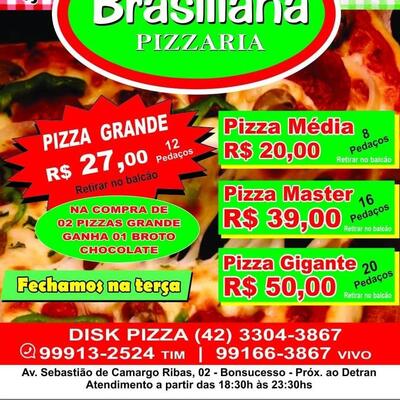 A publicidade mostra informações sobre o Brasiliana Pizzaria