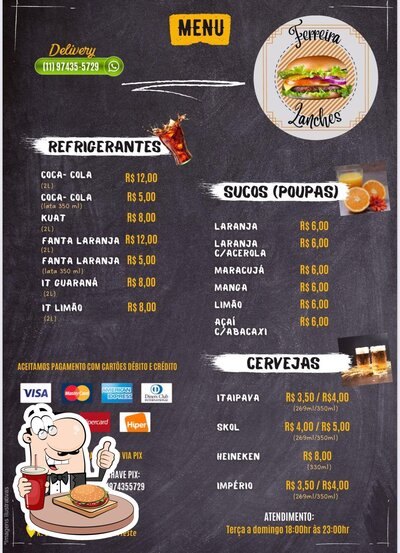 Experimente um dos hambúrgueres disponíveis no Ferreira Lanches