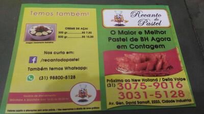 Aqui está a publicidade do Recanto do Pastel Contagem MG