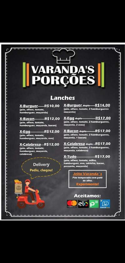 A publicidade apresenta informações sobre o Varanda's Porções