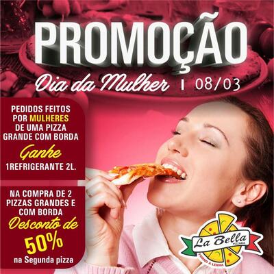 A publicidade apresenta informações sobre o Labella Pizzas
