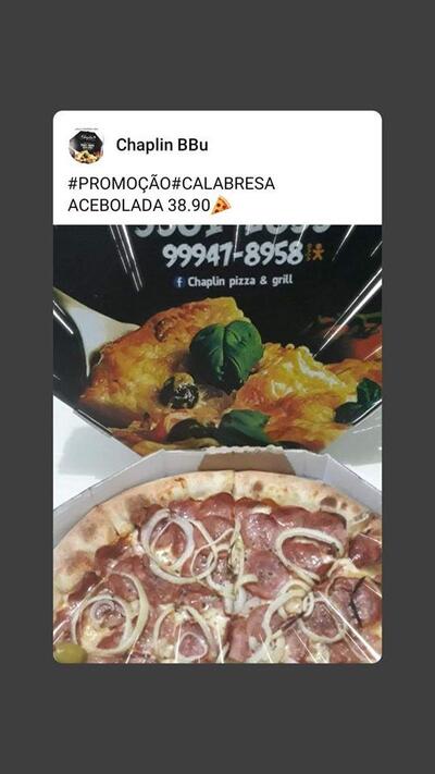 A publicidade apresenta informações sobre o Pizza e Grill - Chaplin
