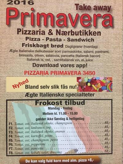 L'annonce publicitaire affiche les informations sur Primavera Pizzaria & Nærbutikken