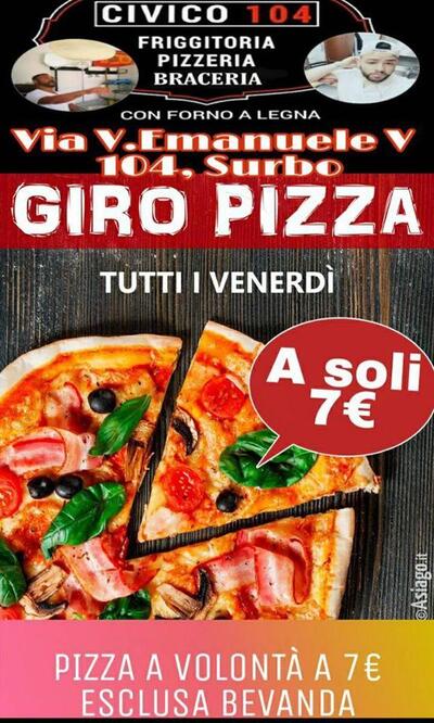 La pubblicità contiene informazioni su Civico 104 - Pizzeria Friggitoria Pucceria