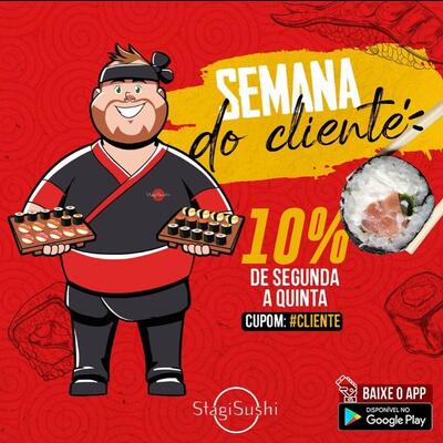 A publicidade apresenta informações sobre o Stagi Sushi Resende RJ
