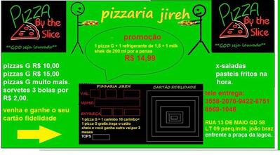 A publicidade mostra informações sobre o Pizzaria jireh Goiás GO
