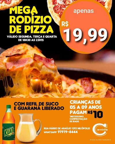 A publicidade apresenta informações sobre o Carminha Pizza e Restaurante Nilópolis RJ