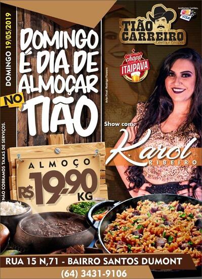 A publicidade apresenta informações sobre o Tião Carreiro Espetos e Porcões