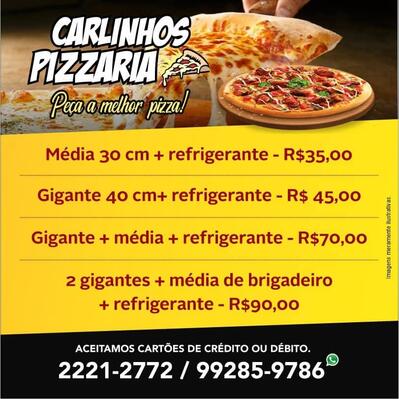 A publicidade mostra informações sobre o Carlinhos Pizzaria Petrópolis RJ