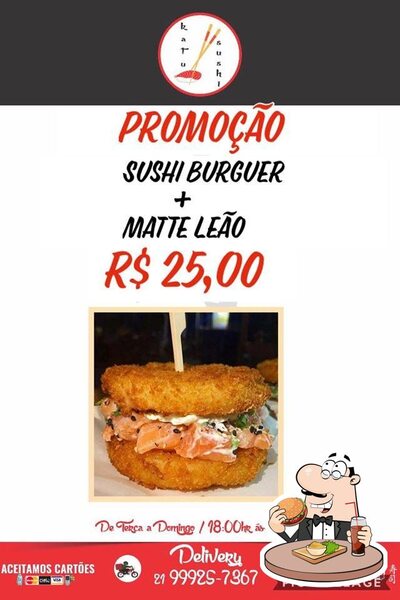 Experimente um dos hambúrgueres oferecidos no Katu Sushi