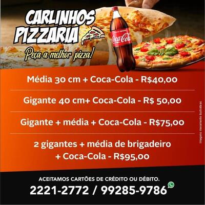 A publicidade mostra informações sobre o Carlinhos Pizzaria Petrópolis RJ