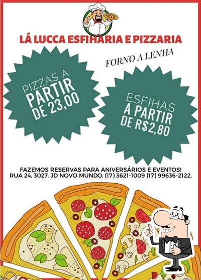 A publicidade mostra informações sobre o Lá Lucca - Esfiharia e Pizzaria