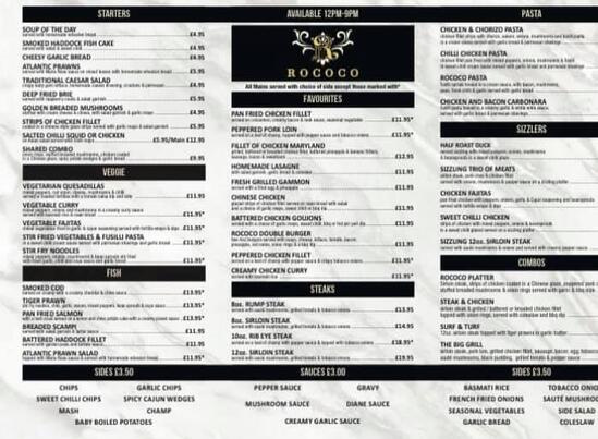 Menu at Rococo pub & bar, Antrim