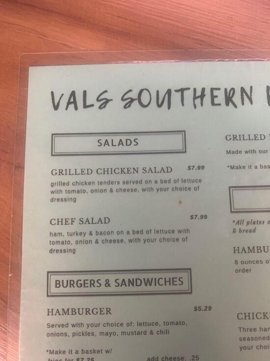 Menu at Val's Southern Kitchen restaurant, Chesnee