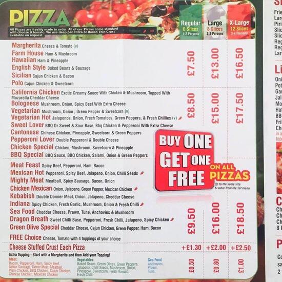 Menu at The Green Olive pizzeria, Kingswinford