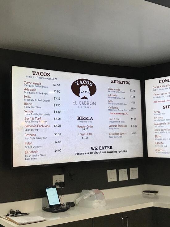 Menu at Tacos El Cabron restaurant, Las Vegas, S Maryland Pkwy