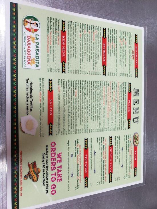 Menu at La Pasadita Oaxaqueña restaurant, Guadalupe