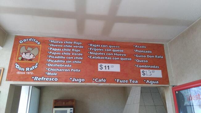 Menu at Gorditas Don Rafa restaurant, Torreón