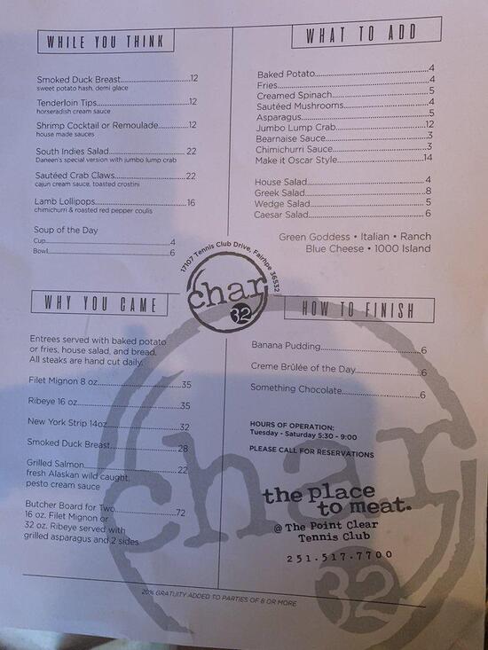 Menu at Char 32 pub & bar, Fairhope, Tennis Club Dr