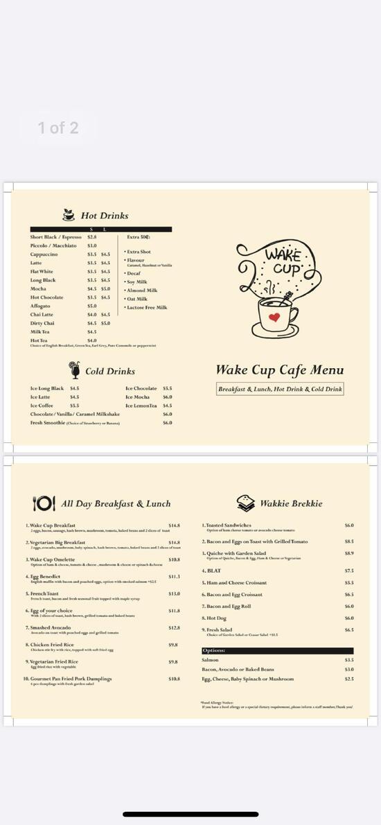 Menu at Wake Cup Cafe, West Ryde