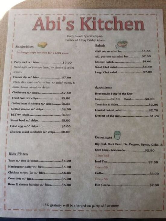 Menu at Abi's Kitchen restaurant, Pecos