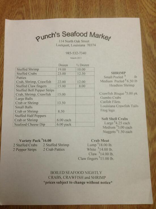 Menu at Punch's Seafood restaurant, Lockport