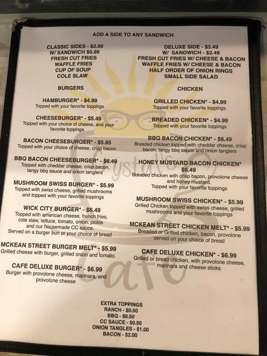Menu at Crystal's Cafe, Kittanning